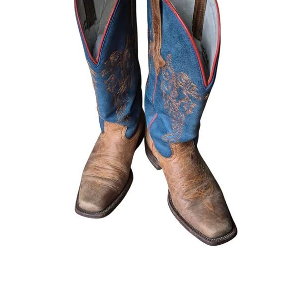 8.5 B J.B. Dillon Blue and Brown Cowboy Boots with Ornate Stitching - Picture 8 of 10